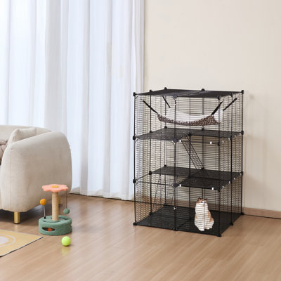 Grande cage à chat à 3 niveaux, 71 x 71 x 104 cm, avec grand hamac, 2 rampes et échelles. Enclos pour chat robuste en fil de fer détachable (à monter soi-même). Facile à assembler. Couleur : noir. Convient aux chats d'intérieur et d'extérieur.