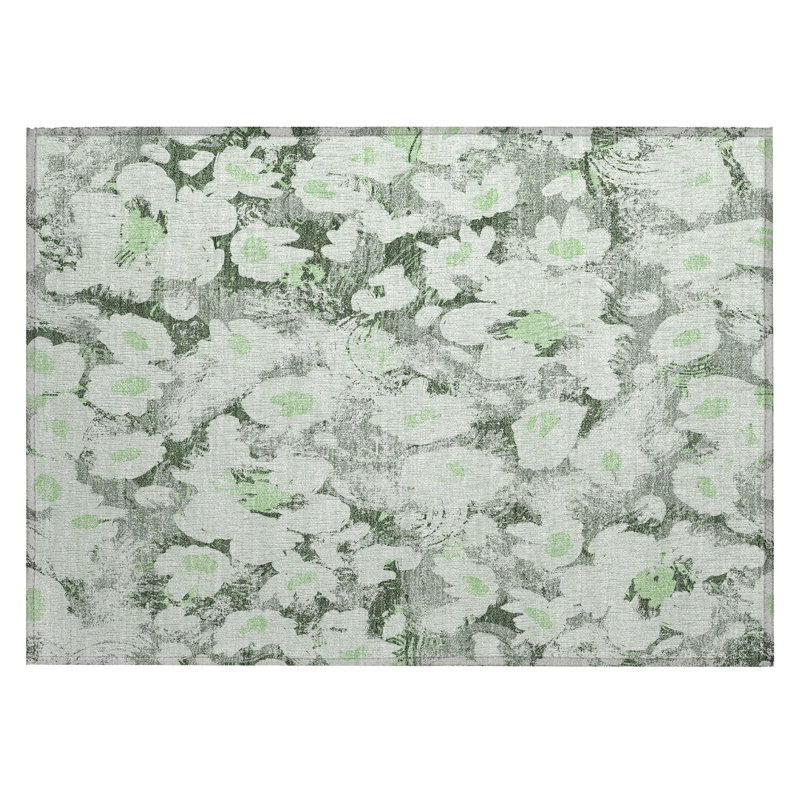 2' X 3' Artichoke Green Floral Washable Non Skid Indoor Outdoor Area Rug