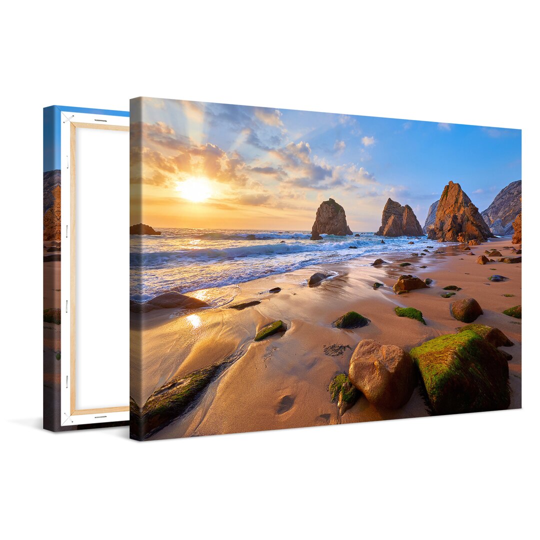 Leinwandbild Sea Beach With Rocks Xcm – Premium Leinwanddruck – Kunstdruck Auf Cm Holz-Keilrahmen Für Schlaf- Und Wohnzi...