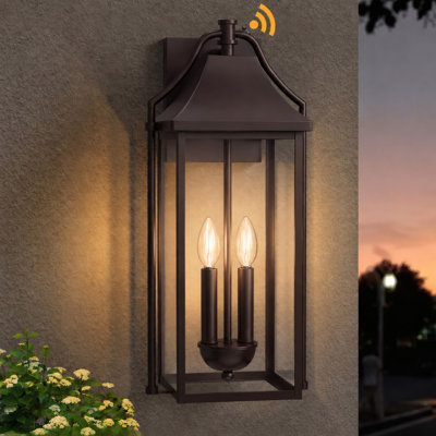 2-Light 22" Farmhouse Waterproof Outdoor Wall Lantern Sconce, Sand Grain Bronze Iron-Aluminum Frame & Bronze Stem, Clear Tempered Glass, Hardwired Dusk to Dawn Photocell Front Porch Light