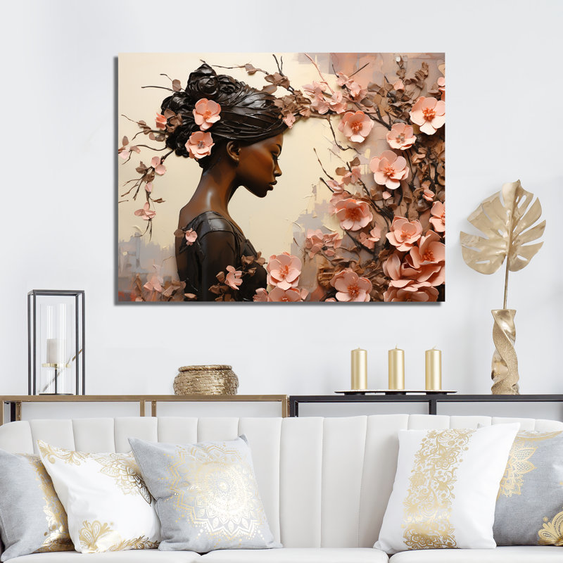 Décoration florale afro-américaine dorée et rose - Décoration murale femme africaine, Toile tendue