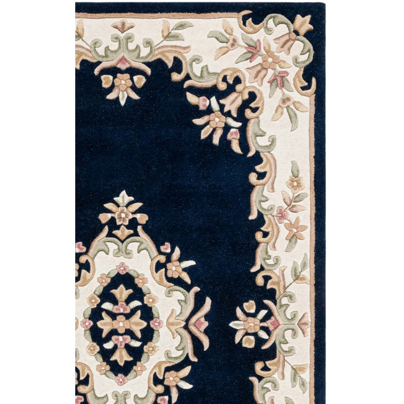 Steller Aubusson Hand Tufted Wool/Cotton Floral Rug in Ivory/Navy, Rectangle 8' x 10'
