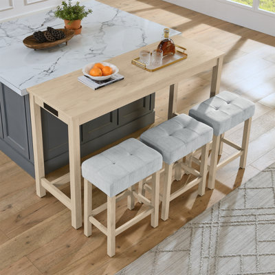 Table de bar, table de salle à manger, table de canapé avec prise de courant, 3 tabourets rembourrés, ensemble de table de bar et de chaises 4 pièces pour le salon, la salle à manger, la cuisine