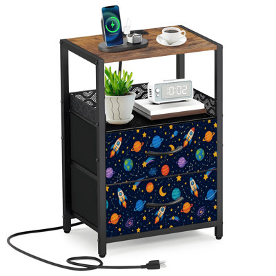 2 Fabric Drawers Night Stand with Charging Station Space theme Solar system kids cartoon planet Rocket Bedroom Bedside Table End Table with Open Shelf USB Ports and Outlets