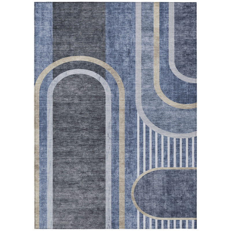 3' X 5' Blue and Black Abstract Washable Indoor Outdoor Area Rug