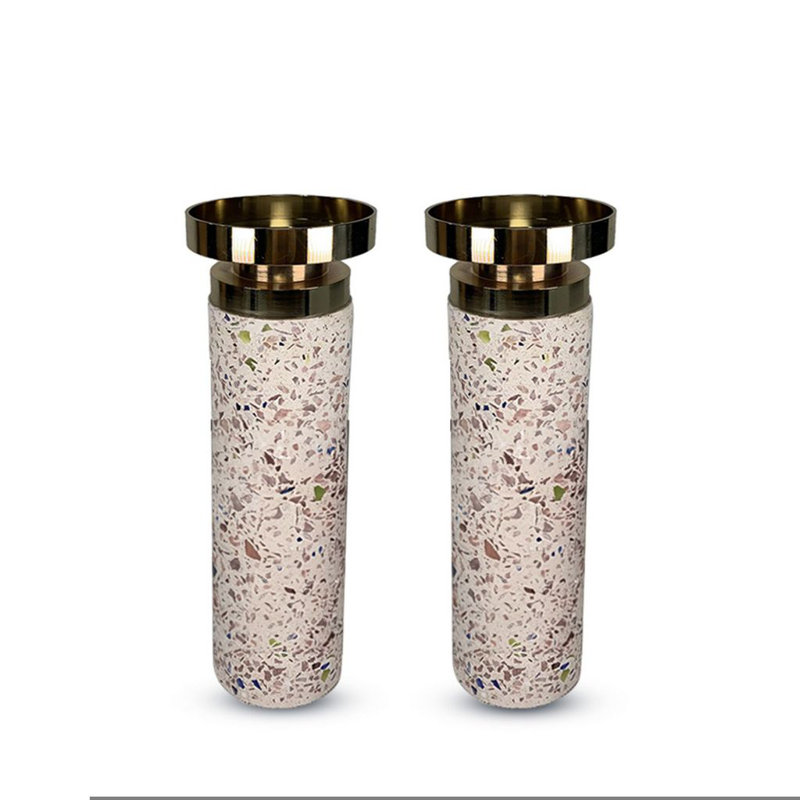 Splattered Cement Candlesticks with Gold Sconce, 10" H x 3" W x 3" D, Pink/Gold