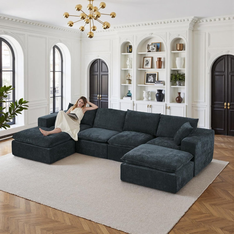 Boneless 138" Sectional Couches for Living Room Boneless Couch Upholstered Cloud Couch Sectional Modular Sectional Sofa with L Shaped