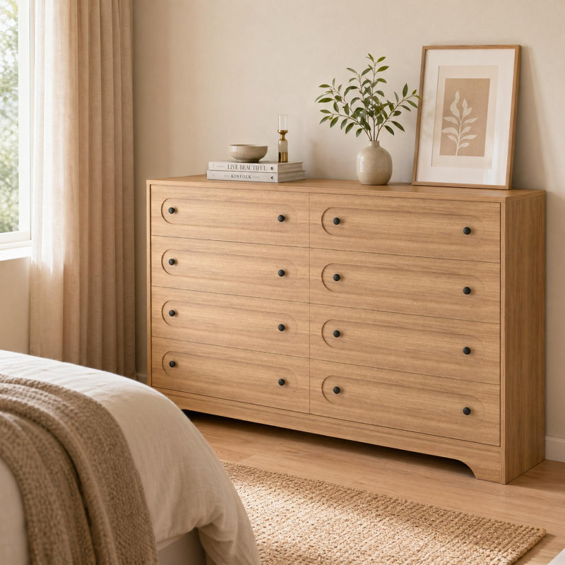 Commode spacieuse avec solution de rangement - Commode de style Mid-Century à 7 ou 8 tiroirs pour salon de chambre à coucher Bois naturel A Bois naturel