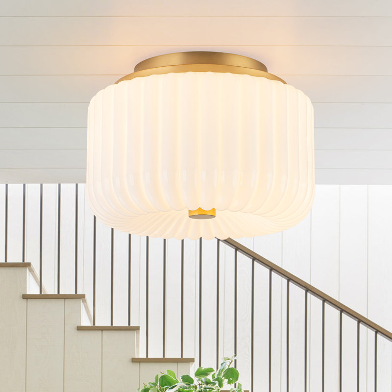 Plafonnier semi-encastré en verre opale strié rayé 2 lumières