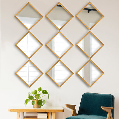 Elegant 9-Piece Mirror Set, Gold & Silver | 100% Glass with Laminated Plastic Frame, 9.4 x 9.4 inches Each | 4 mm Thickness | Perfect for Home Decor, Living Room, Bedroom, or Entryway - Stylish & Versatile Design