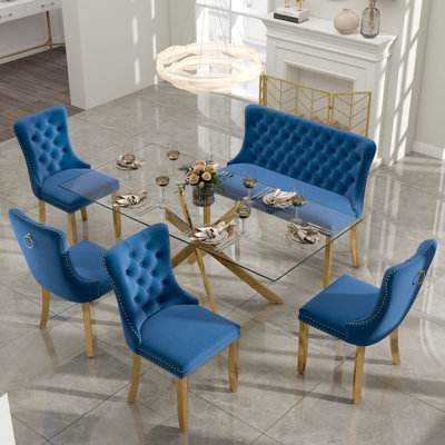 Luxury Dining Set with Hand-Tufted Velvet Bench & Chairs, 8mm Tempered Glass Table, Modern Furniture for Dining Area