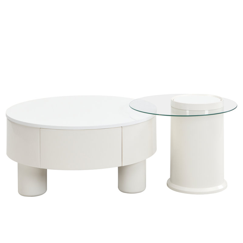 Ensemble de 2 tables basses rondes gigognes, Blanc cassé, Blanc