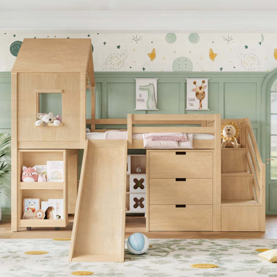 Lit mezzanine simple avec rangement intégré, tablettes d'escalier, bureau coulissant et glissade, idéal pour le plaisir et l'organisation des enfants