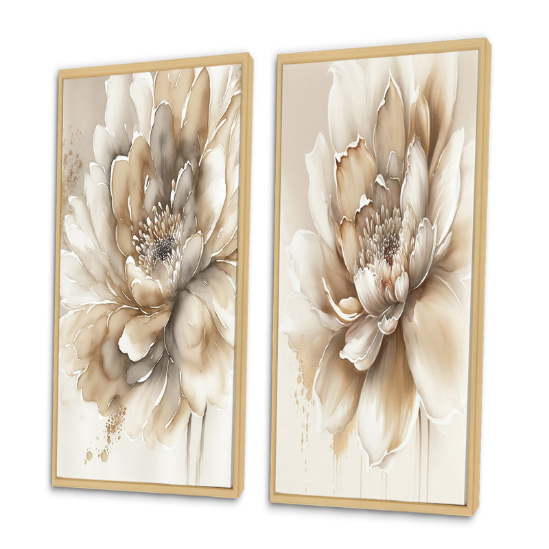 2 pièces sur toile - Fleur beige simple, Encadrement brun, H 20 po x l 24 po