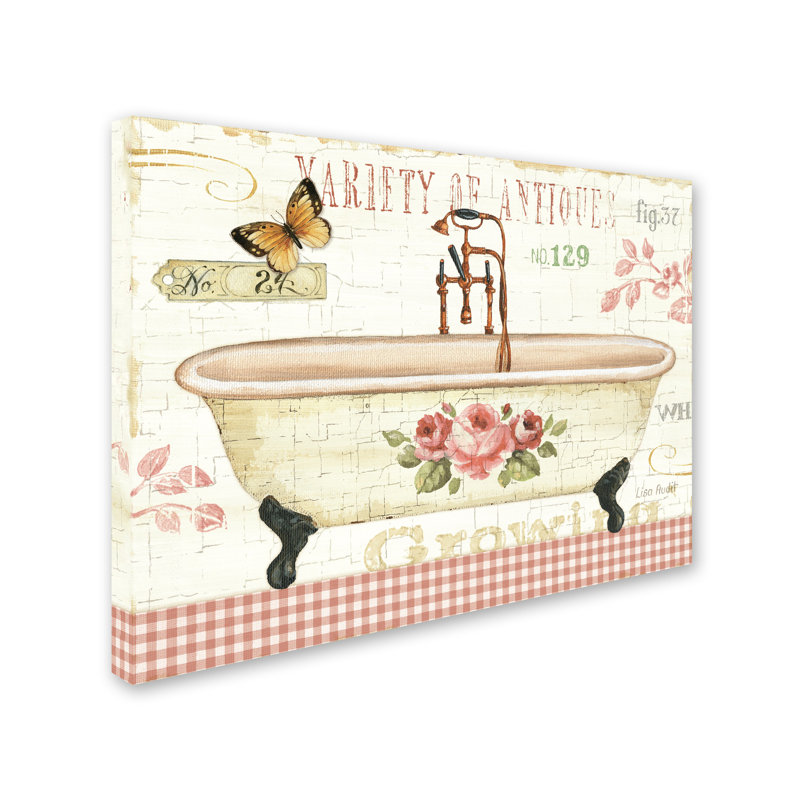 Vintage Floral Bathtub Canvas Art in Beige and Pink