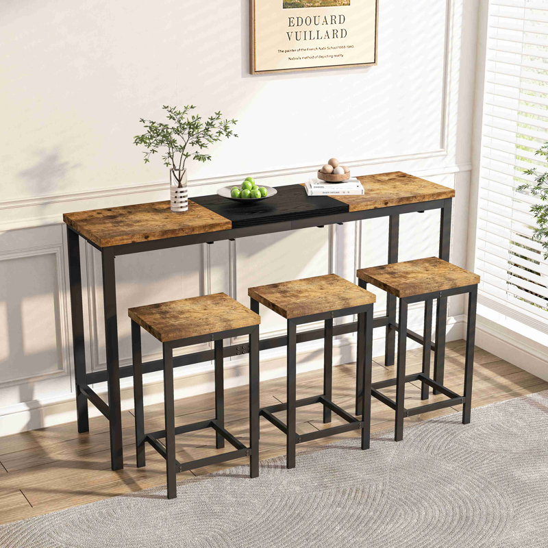 Table de salle à manger de cuisine moderne, table de pub, ensemble de table de salle à manger longue avec 3 tabourets, conception de tabouret suspendu pratique