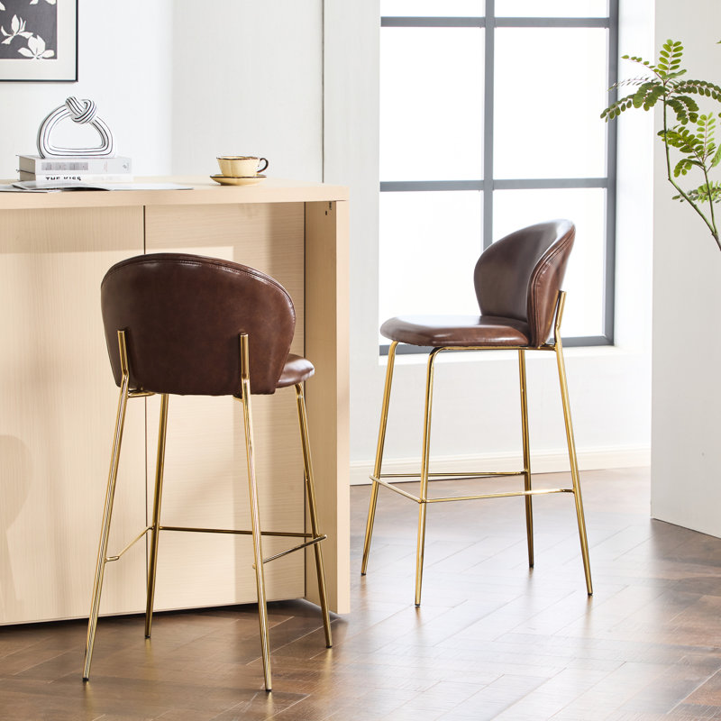 2 tabourets de bar en similicuir brun foncé, pieds dorés pour le luxe, structure, coussin confortable, salle à manger avec dossier bas, 2 tabourets d'intérieur, revêtement, pieds, sièges, cuisine et maison idéales