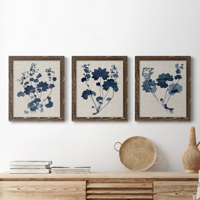 " Navy And Linen Leaves II " 3 - Pieces Painting Print