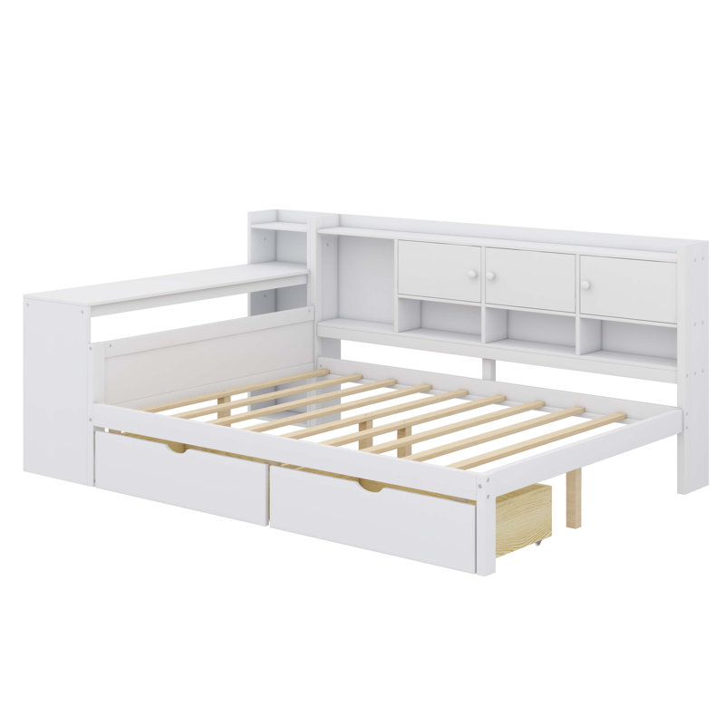 Lit de jour en L en bois avec sept armoires de rangement et deux tiroirs de rangement, lit multifonctionnel avec bureau d'étude