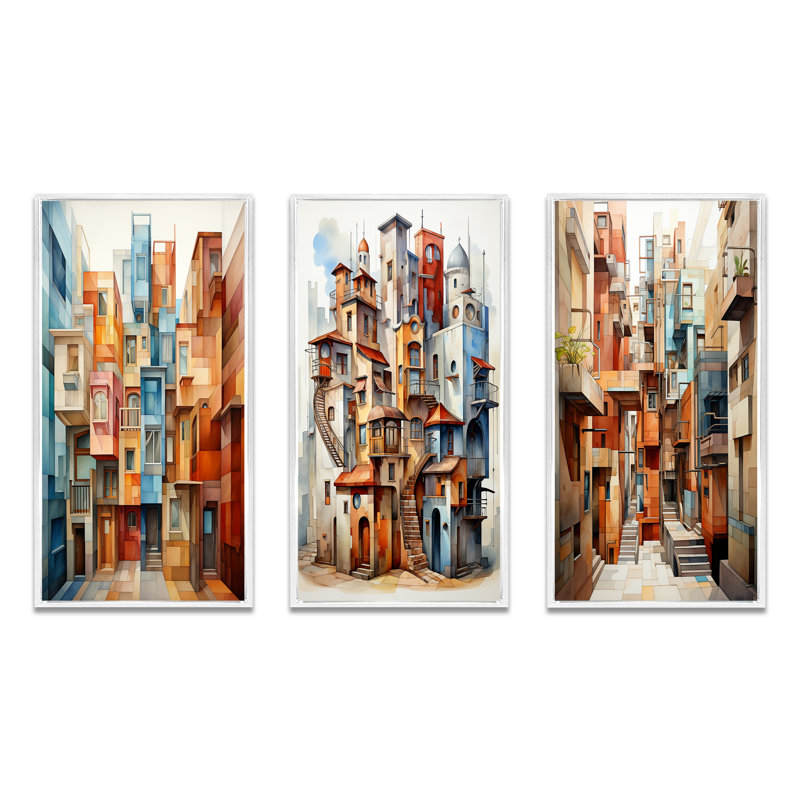 «Cubism Art Multidimensional», 3 pièces sur toile, H 40 po x l 60 po, Cadre blanc
