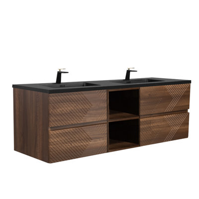 Coakley x 19 po P 4 tiroirs Meuble-lavabo mural avec évier double et Comptoir en Quartz noir d'ingénierie