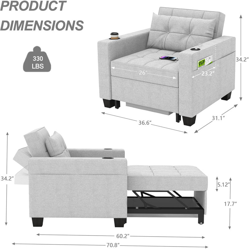 Latitude Run 36.6" Wide Convertible Chair 3-In-1 Pull Out Sleeper Futon Chair Beds with USB, Light Gray Linen