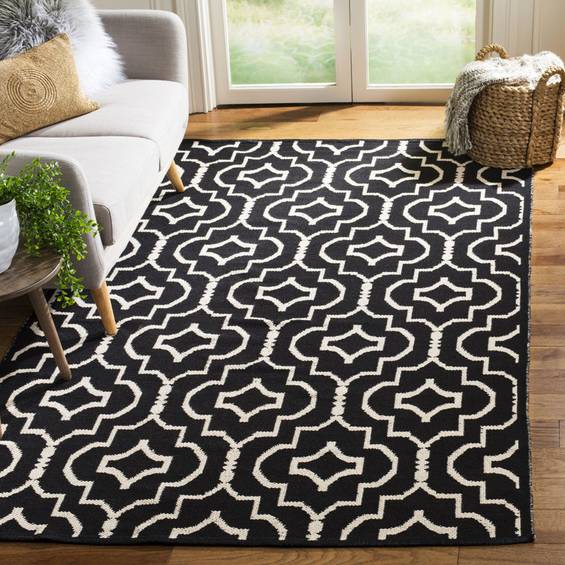 Tapis noir/ivoire en coton fait main à tissage plat geometry Smith, Rectangle 8 pi x 10 pi