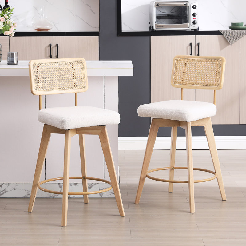 Uniondale Swivel Upholstered 26.2'' Counter Stool with Rattan Cane Back and Solid Wood Frame