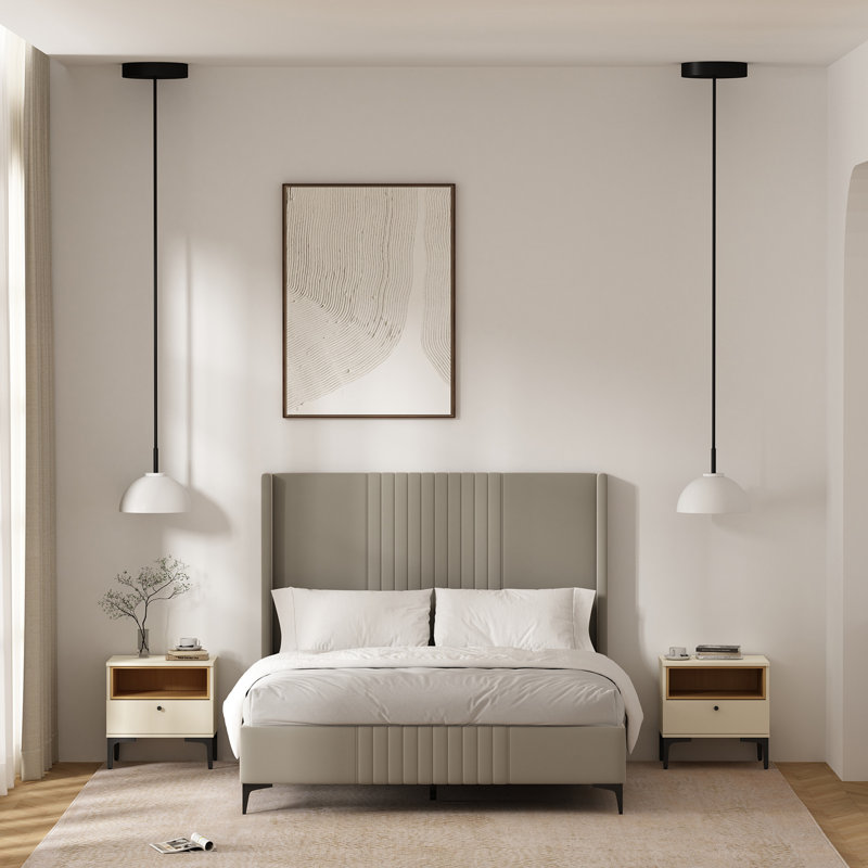 Amara 20" W Modern Nightstand with 1 Full Extension Drawer and Metal Legs in Cream and Light Oak, Cream/Natural Oak