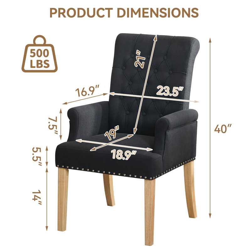 Tufted Upholstered High Back Dining Armchair, Linen, Black Linen