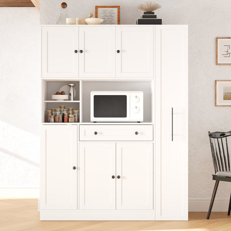 Buffet autoportant traditionnel 52,8 x 17,7 x 70 pouces avec huche, grande armoire de rangement pour garde-manger avec armoire latérale coulissante, tablettes de porte et tiroir