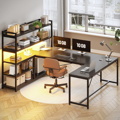 63'' Reversible Computer Desk With LED Power Outlet And Storage Shelves