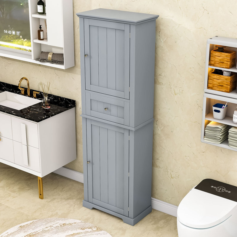Luxurious Wood Bathroom Storage Cabinet with Adjustable Shelves, Gray, 67.5" H x 11.5" W x 22.5" D