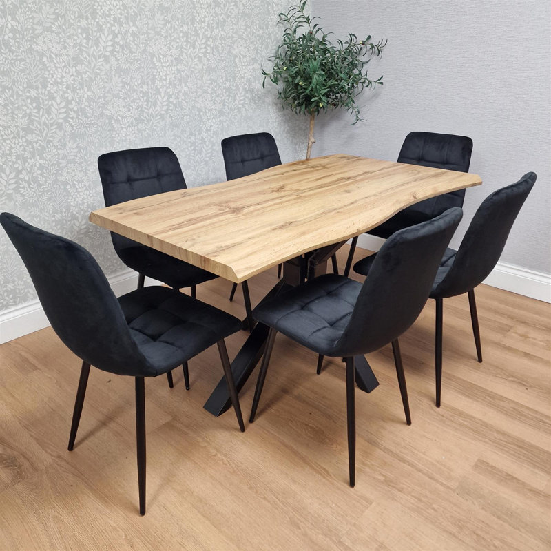 Wooden Brown Dining Table with 6 Velvet Chairs, Stylish Dining Room Furniture, Black, 75cm H x 140cm W x 80cm D