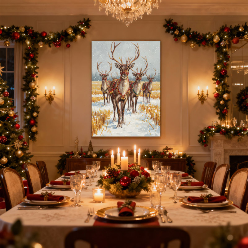 Ensemble de 3 impressions sur toile, renne de Noël dans un champ enneigé avec décorations, H 18 po x l 12 po