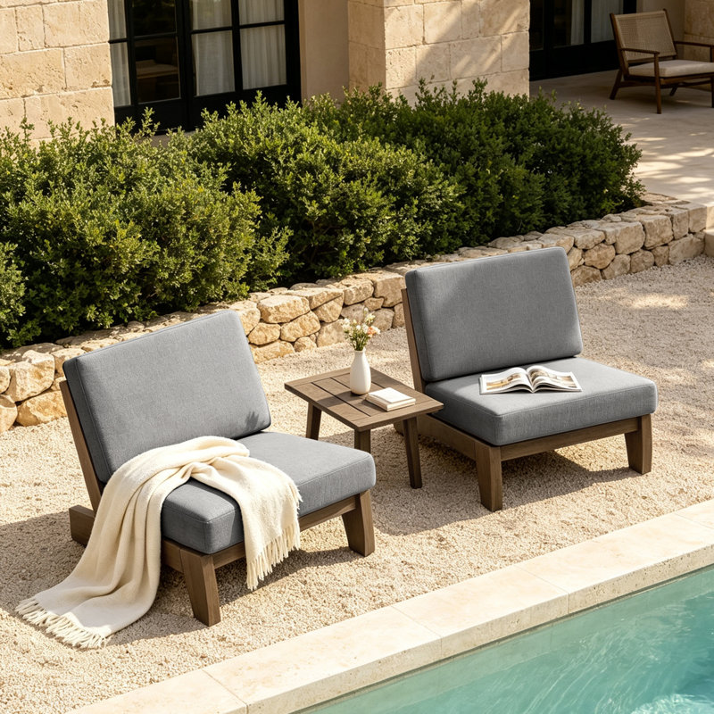 Polett Outdoor Conversation Set Solid Wood Group With Armless Chair And Side Table, Brown, Gray