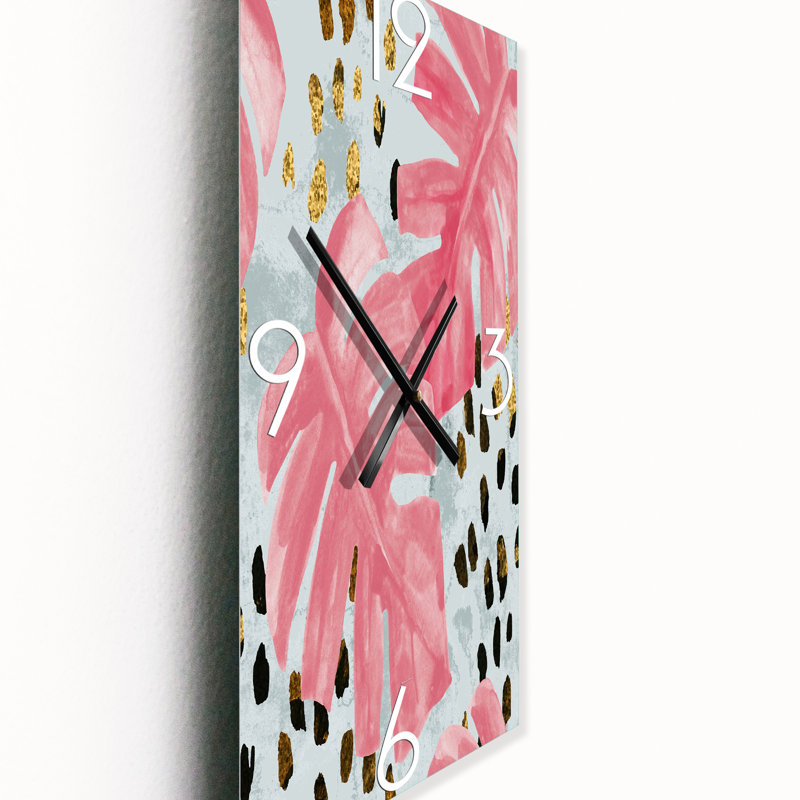 Horloge murale tropicale rose Monstera sur coups de pinceau rugueux II, Grand