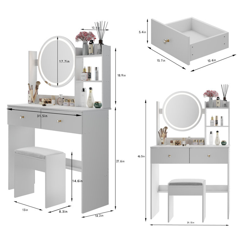 Coiffeuse de maquillage moyenne blanche avec miroir et tiroir à DEL, White