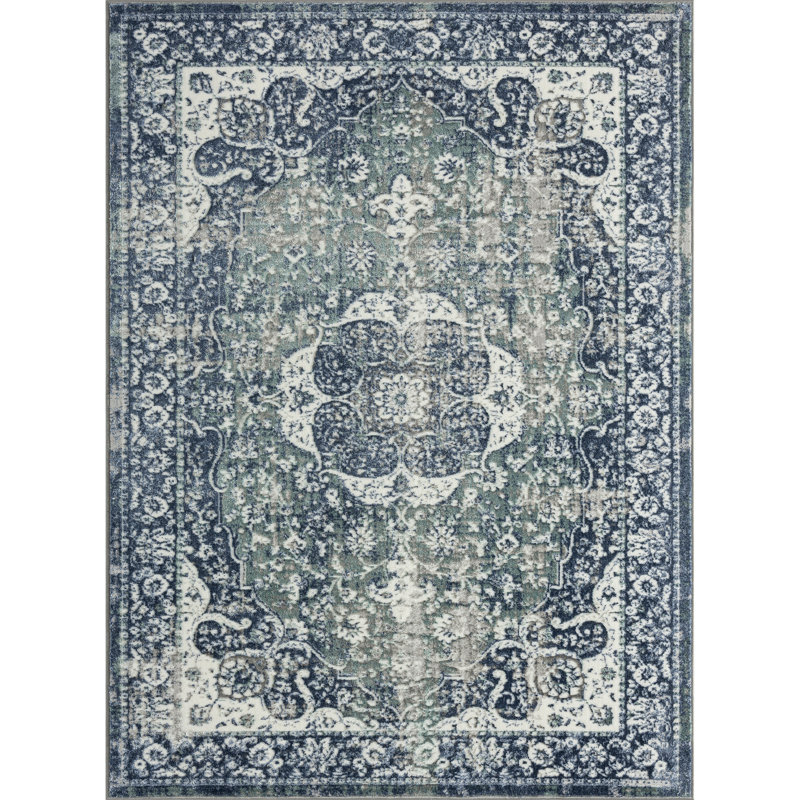Charters Transitional Traditional Blue/Gray/Ivory Performance Rug, Rectangle 5' x 7'