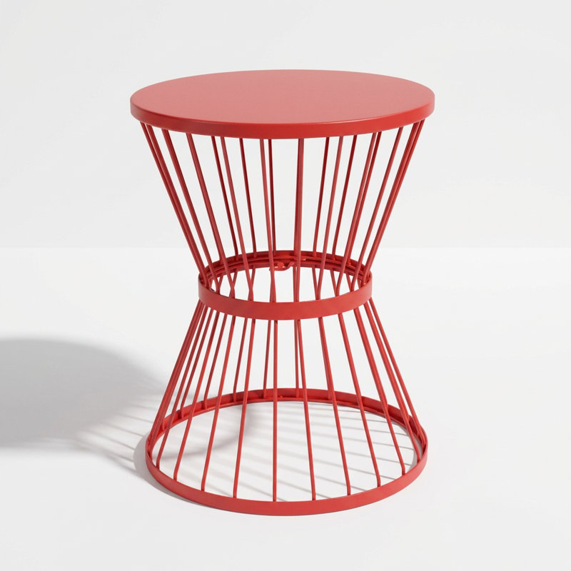 Hourglass-Shaped Stainless Steel Outdoor Side Table with Circular Top and Open Cage Design