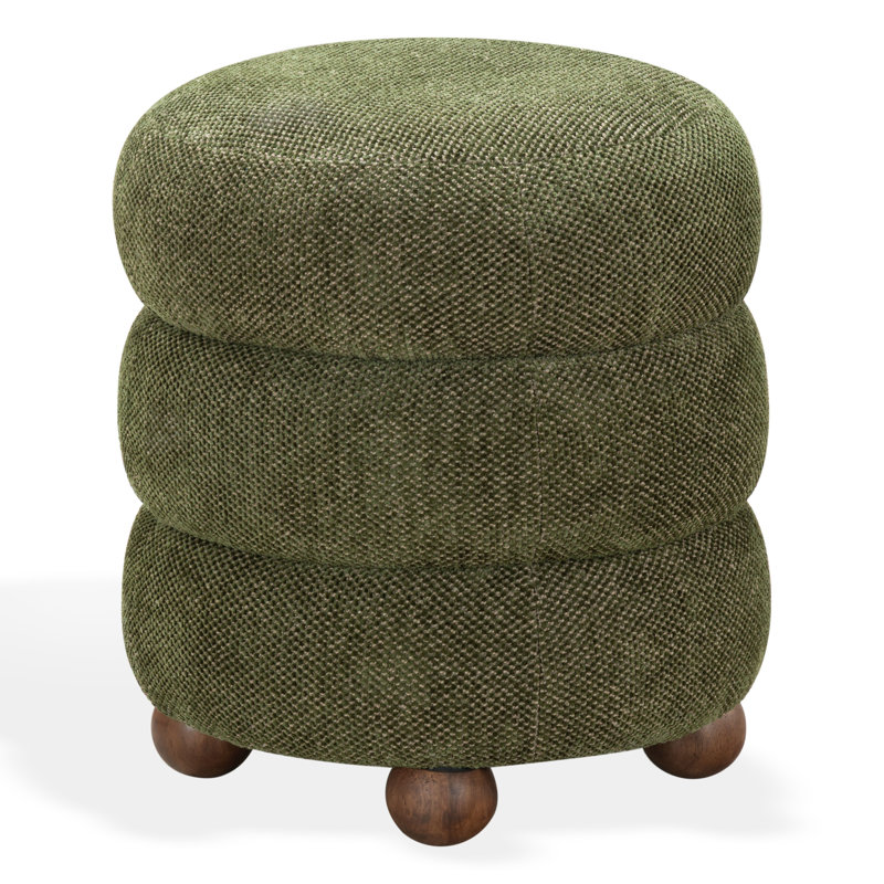 Dalisha 17" Velvet Round Ottoman, Walnut, Dark Green Chenille