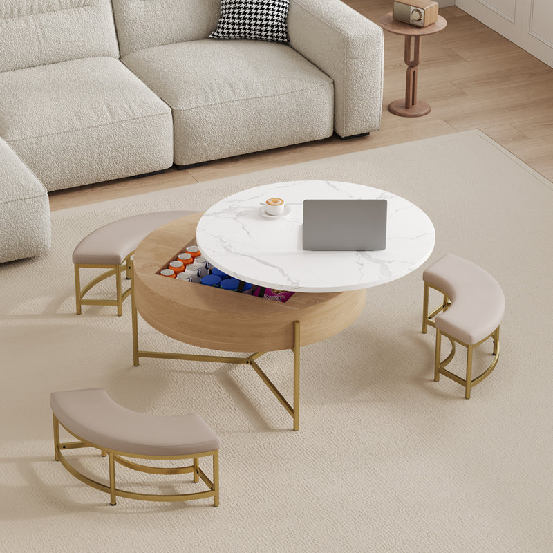 Table basse à plateau relevable moderne avec rangement et 3 repose-pieds blanc et naturel, Doré