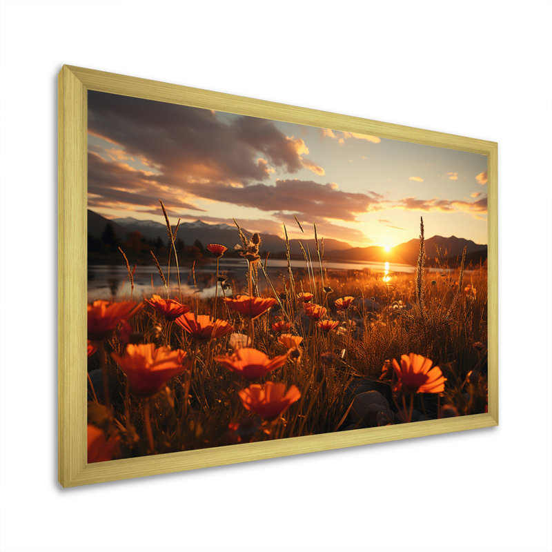 Sunset Golden Meadows - Landscape Sunset Canvas Wall Art, H 12 po x l 20 po x P 1 po, Encadrement doré