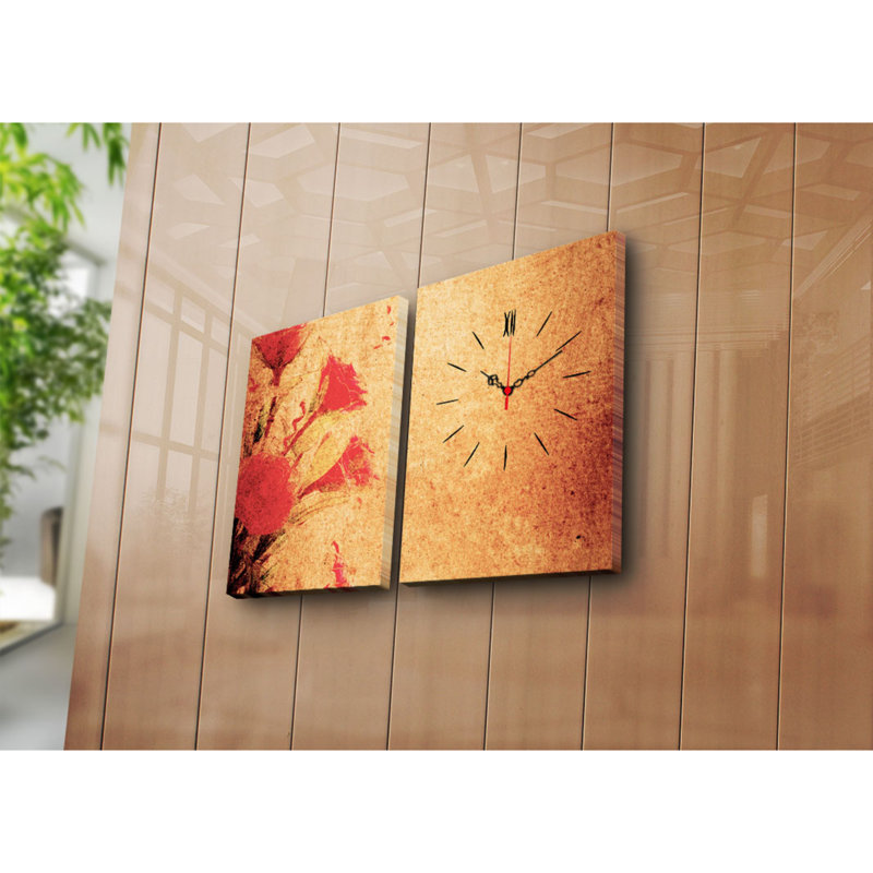 Horloge murale élégante en toile décorative (2 pièces), 25,2 po x 15,7 po | Toile 100% suède avec cadre 100% bois (épaisseur: 1,2 po) | Décoration élégante, parfaite pour les espaces de salon et de bureau, conception unique de garde-temps