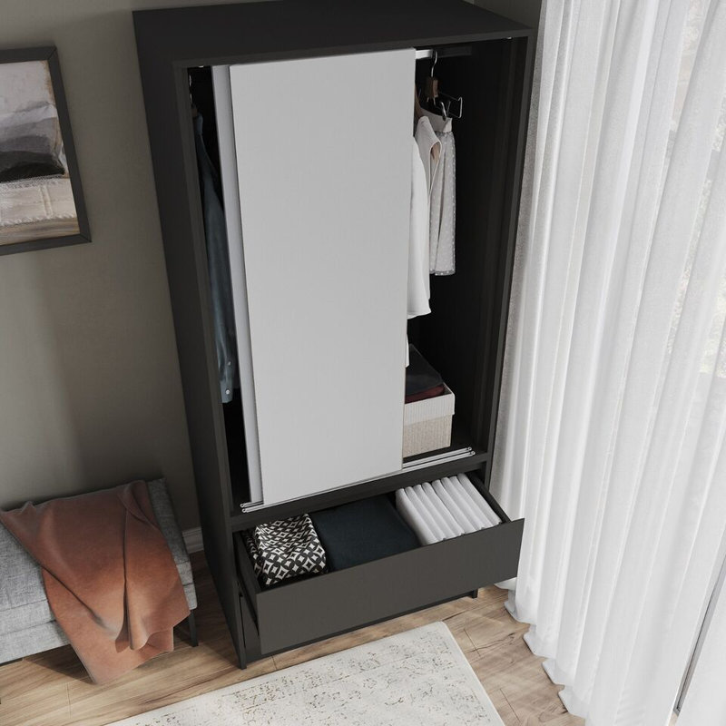 Solid Wood Wardrobe, Black/White