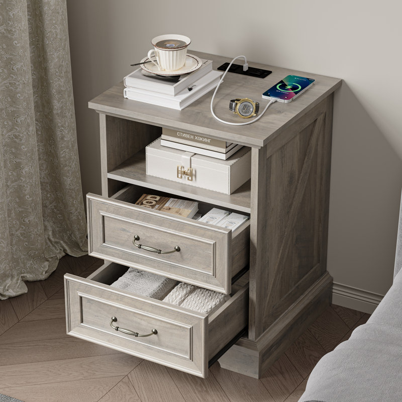 Table de chevet rétro avec 2 tiroirs, Chêne gris