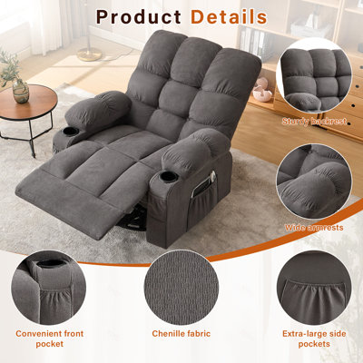 Fauteuil inclinable et pivotant Massage avec massage par vibration et chauffage lombaire pour adultes, canapé-lit inclinable surdimensionné à bascule 350LBS avec poche latérale, porte-gobelet et port de charge USB pour le salon