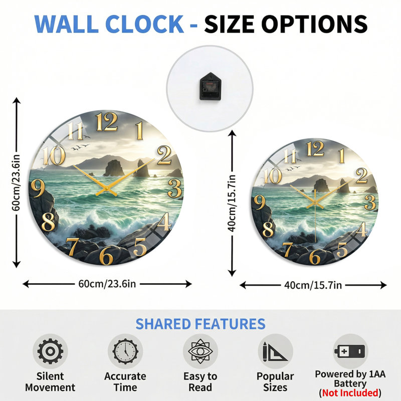 Horloge murale décorative en verre Ocean Landscape, 40 x 40 cm (15,7 x 15,7 pouces)