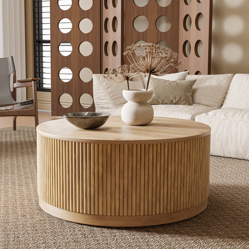 Table basse ronde en bois massif de 36,5 po avec conception cannelée, 16" H x 36" L x 36" W, Beige