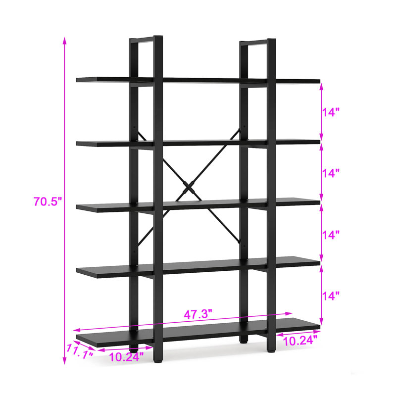  Bibliothèque H 70,5 "x l 47,3", étagère de rangement ouverte à 5 niveaux, Noir